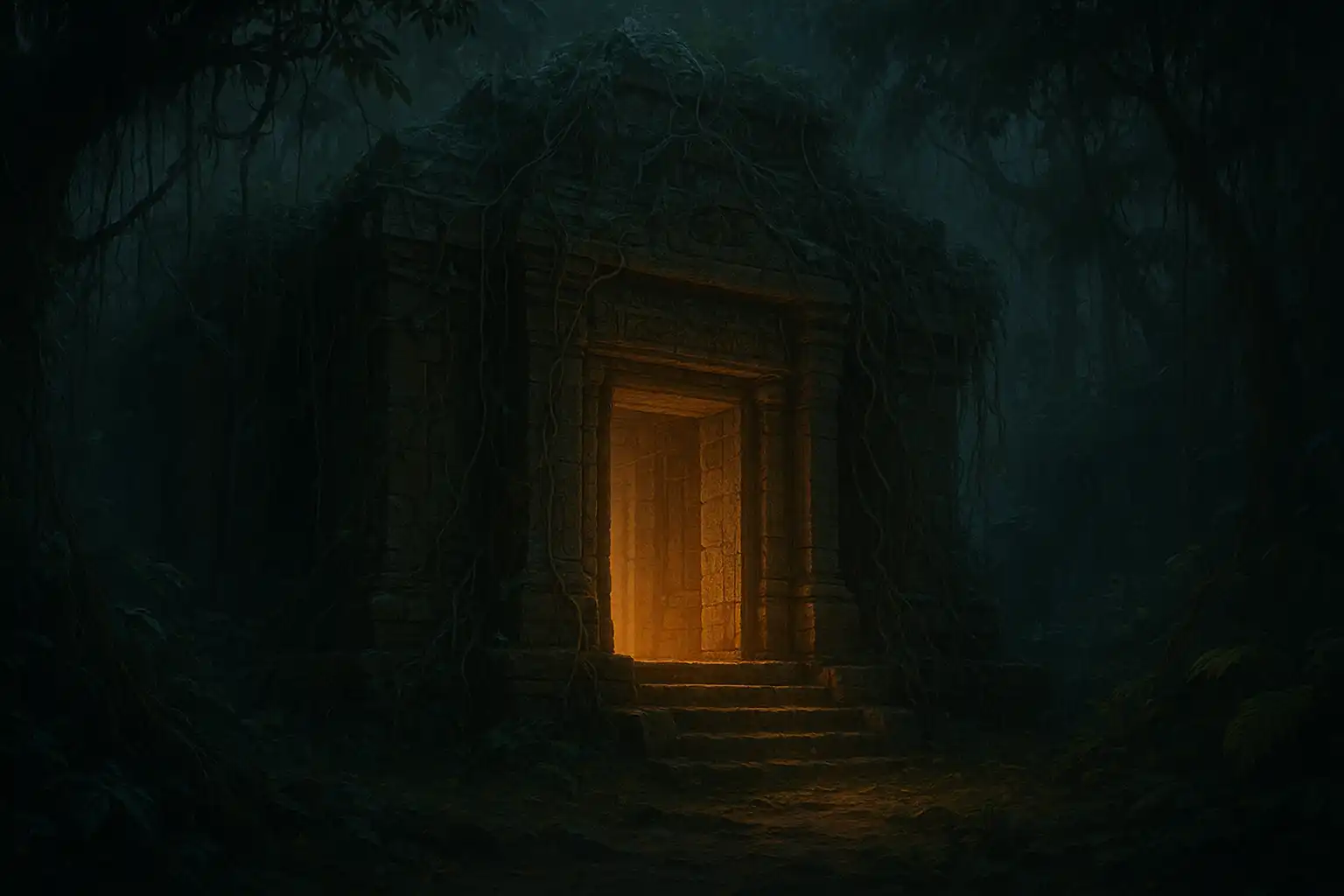 Ancient stone temple entrance overgrown with jungle vines at dusk