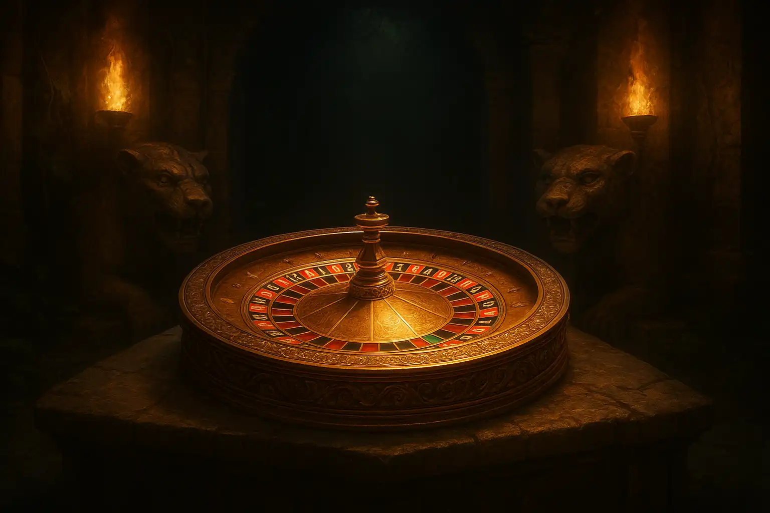 Roulette wheel glowing on a stone table inside a torch-lit jungle temple chamber