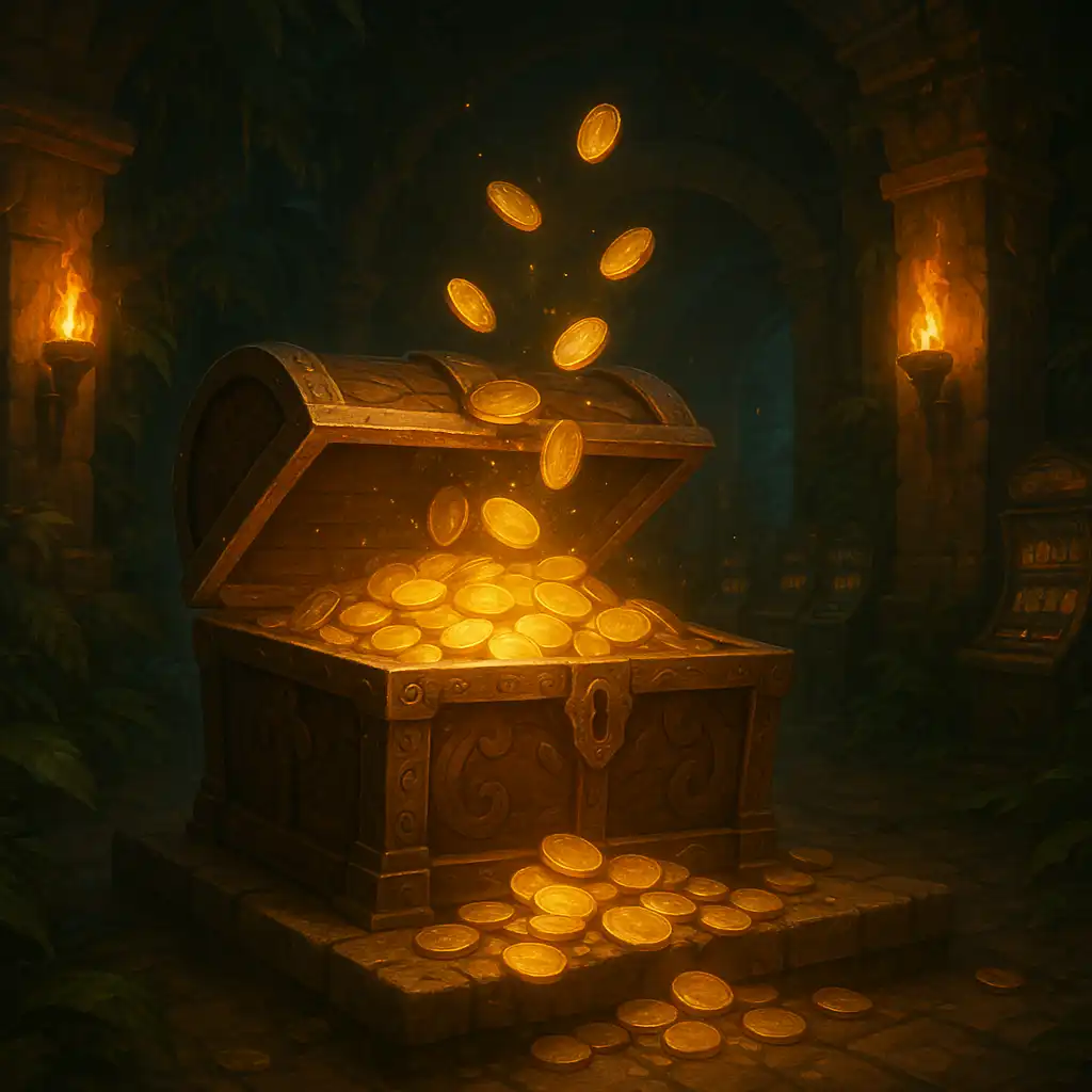 Glowing gold coins being deposited into a temple treasure chest