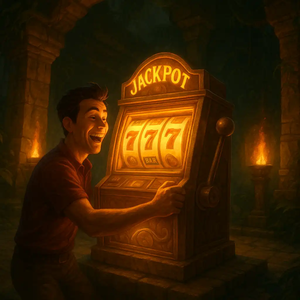 Player spinning a glowing slot machine inside the jungle temple